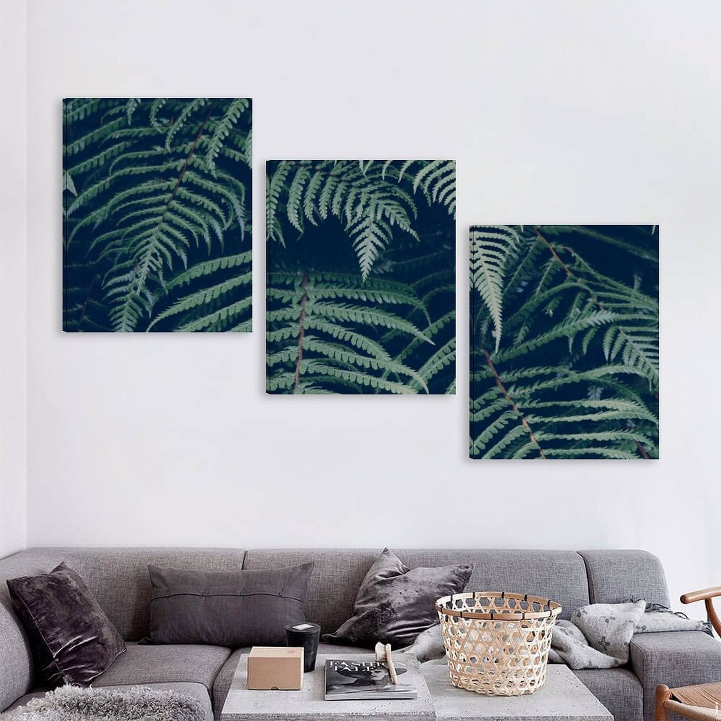 Trittico Decorativo di stampe su tela "Felci Notturne"