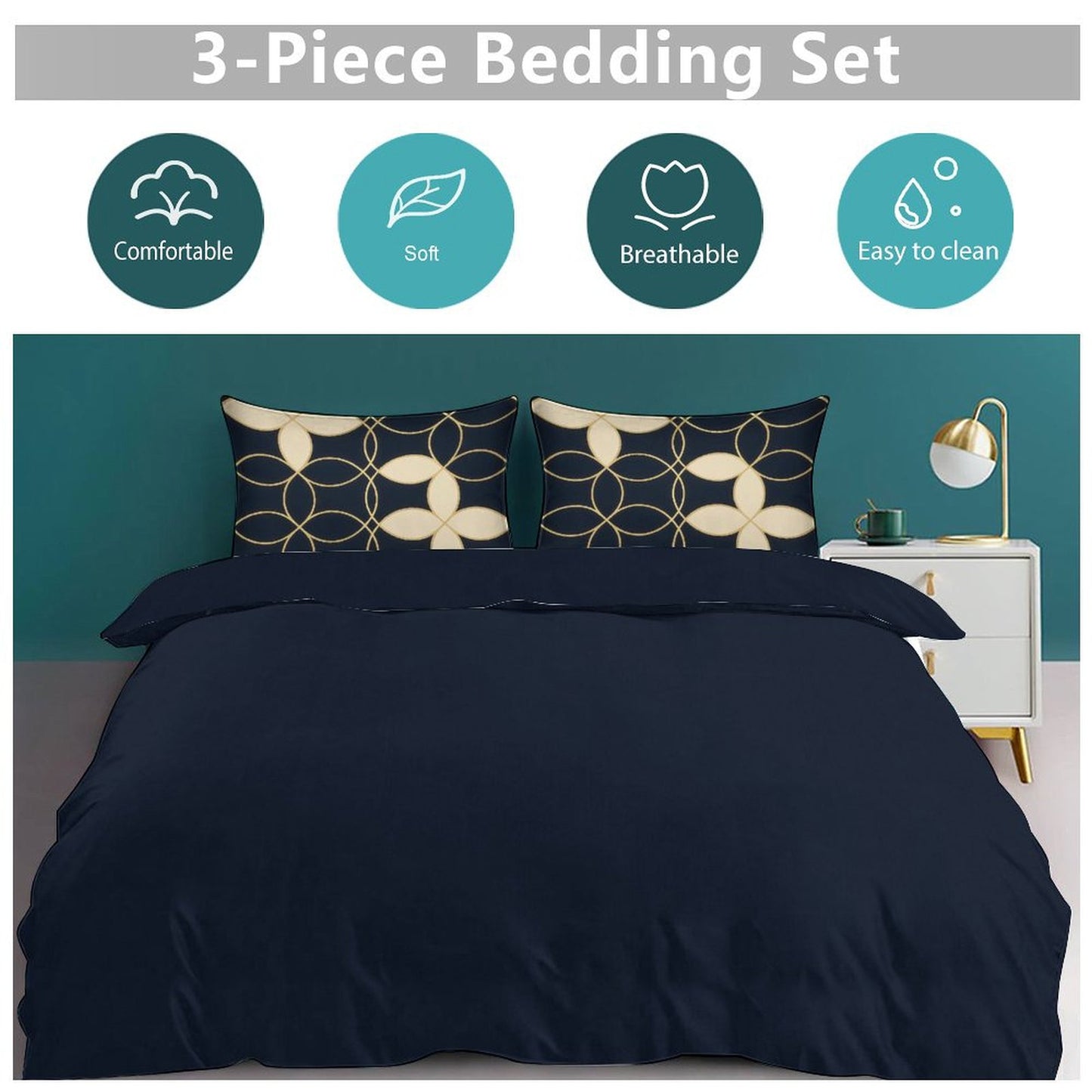 Design 3-Piece Bedding Set (1 Duvet Cover + 2 Pillow Shams) – 90"×90"