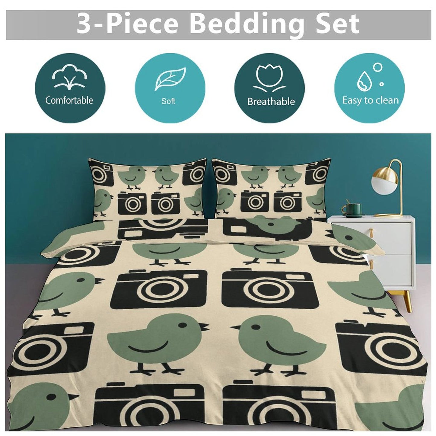 Design 3-Piece Bedding Set (1 Duvet Cover + 2 Pillow Shams) – 86"×70"