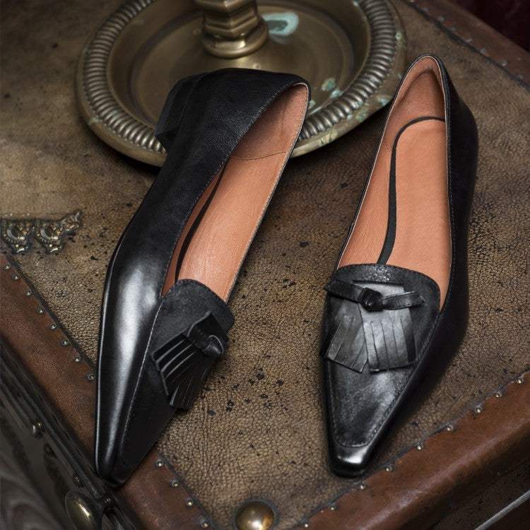 Mocassini bassi retrò in pelle, con tacco spesso