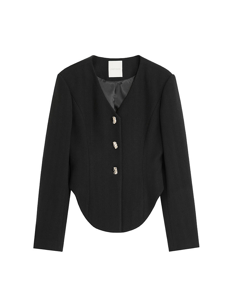 Blazer corto nero con scollo a V e spalline eleganti