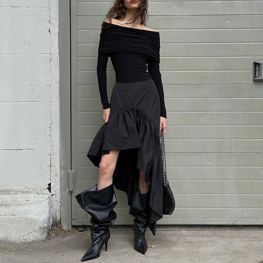 Gonna da donna in cotone con balze a vita alta e irregolare