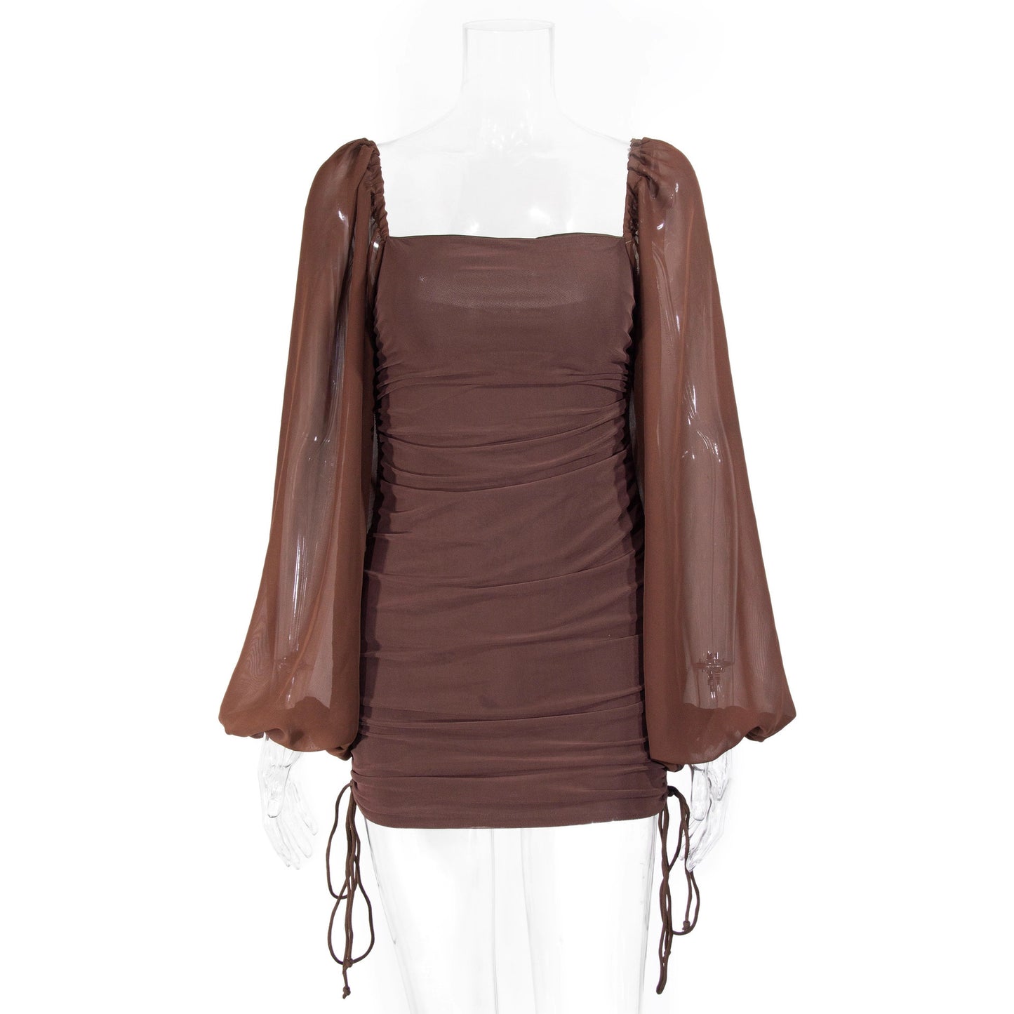 Abito aderente plissettato con nodo traforato e scollo a V profondo