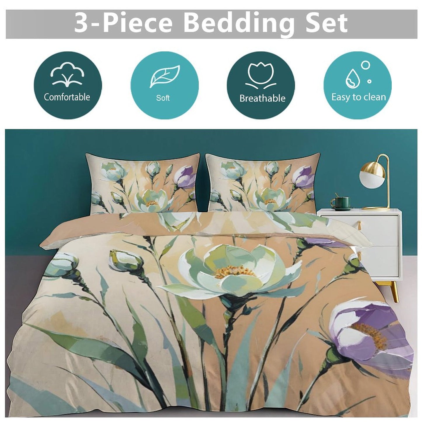 Design 3-Piece Bedding Set (1 Duvet Cover + 2 Pillow Shams) – 90"×90"