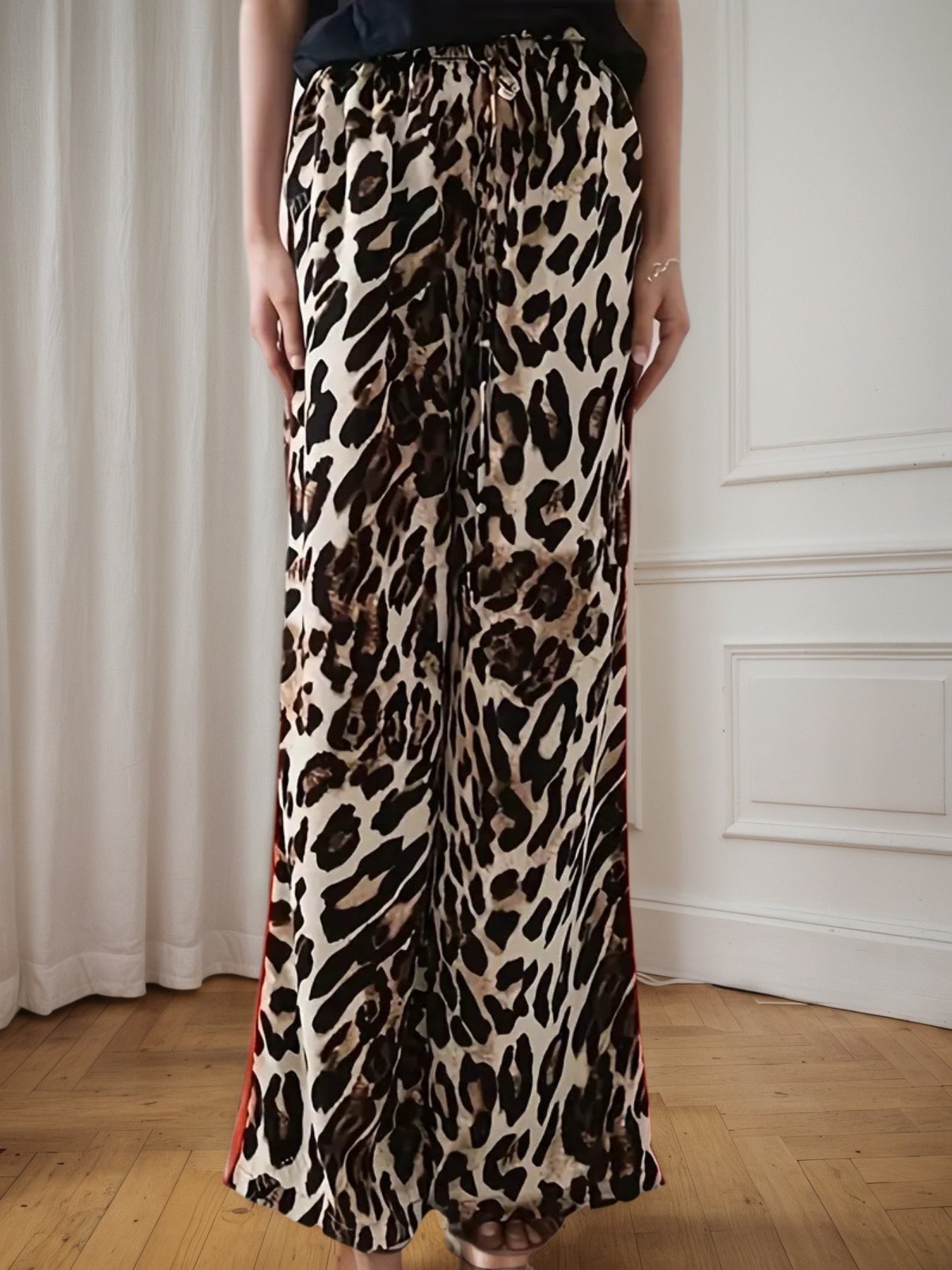 Pantaloni larghi con coulisse, stampa leopardata, gamba dritta