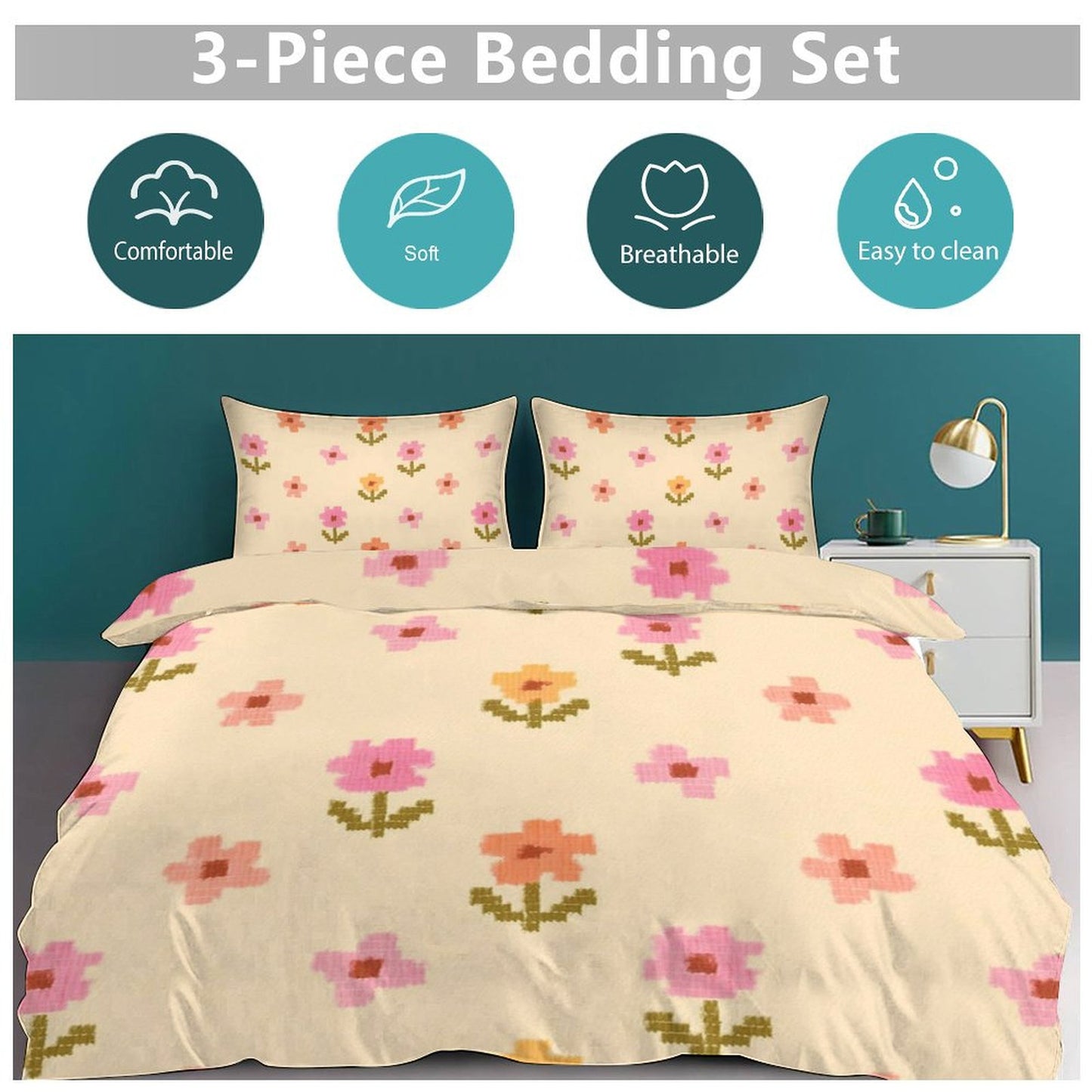 Design 3-Piece Bedding Set (1 Duvet Cover + 2 Pillow Shams) – 79"×90"
