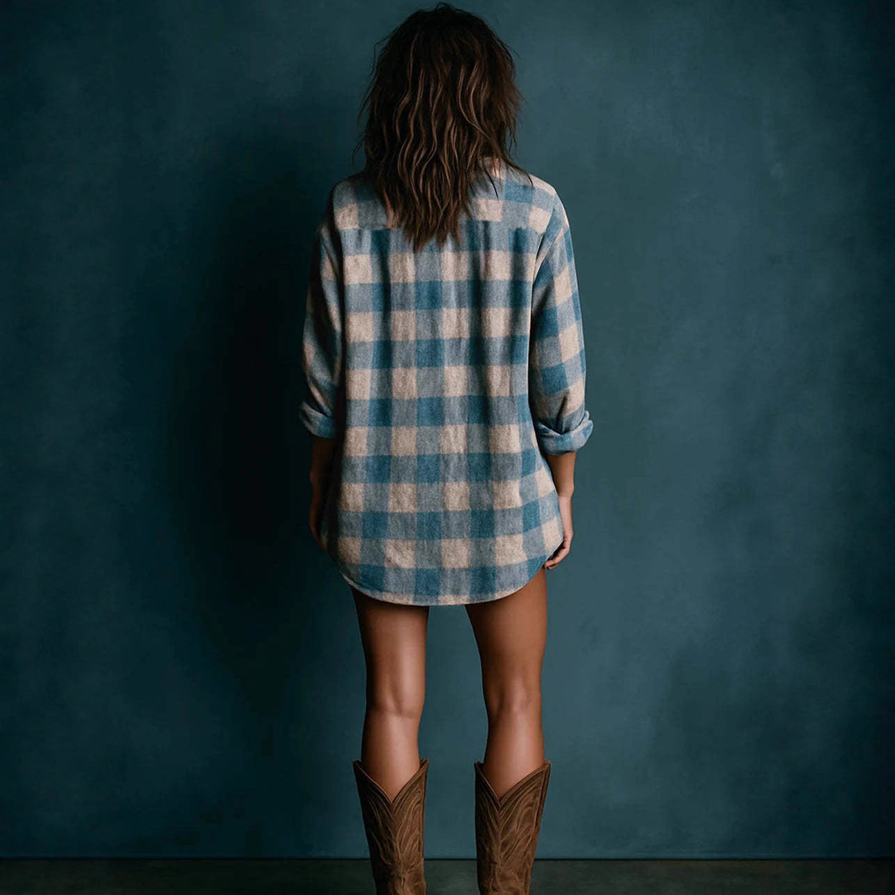 Abito camicia a maniche lunghe con stampa duplex a quadri