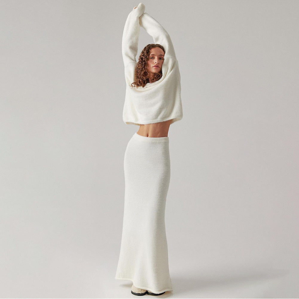 Completo gonna maglione scollo a V semplice lavorato a maglia