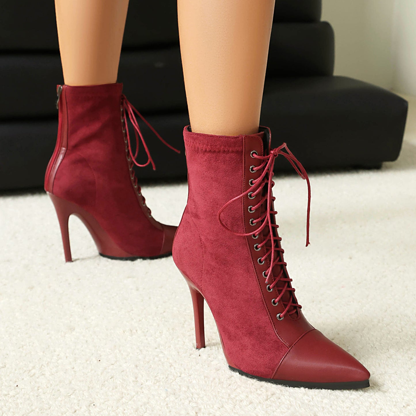 Stivali da cavaliere corti a punta con coulisse patchwork