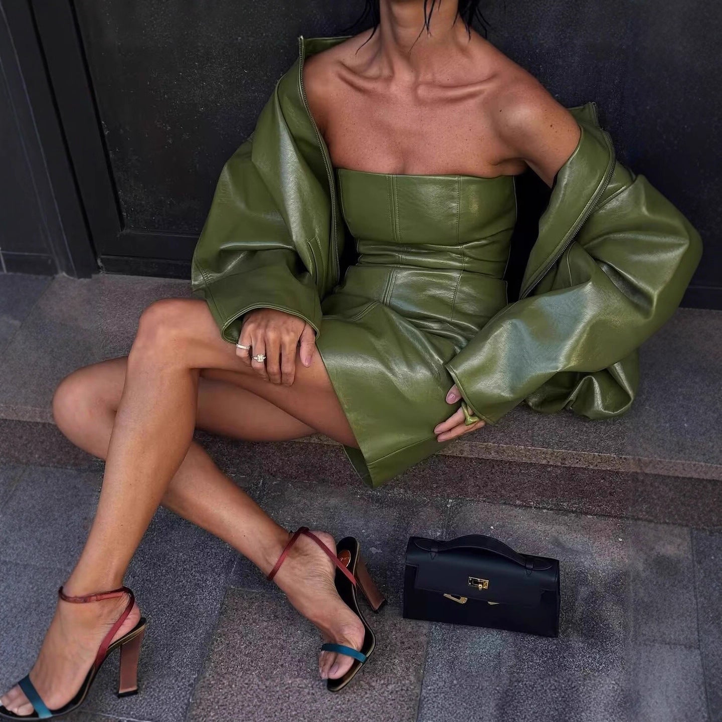 Giacca in pelle PU, retrò senza spalline