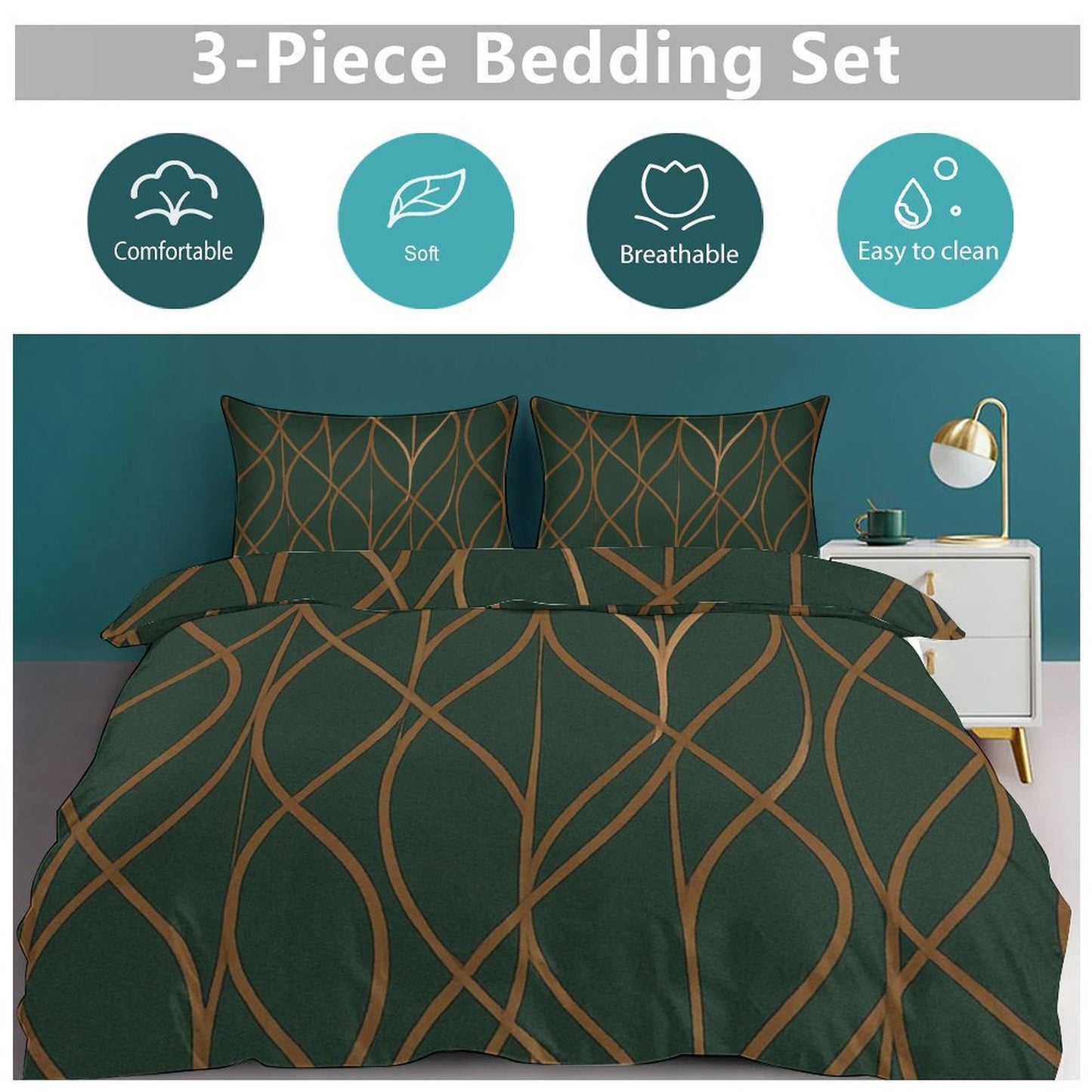 Design 3-Piece Bedding Set (1 Duvet Cover + 2 Pillow Shams) – 90"×90"