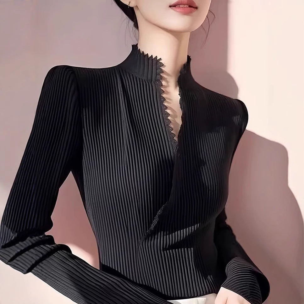 Camicia elegante con scollo a V e colletto alla coreana