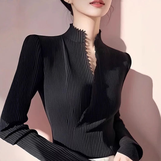 Camicia elegante con scollo a V e colletto alla coreana