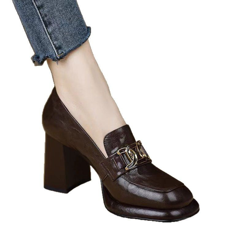 Scarpe con tacco a spillo in stile britannico, con punta tonda e fondo spesso