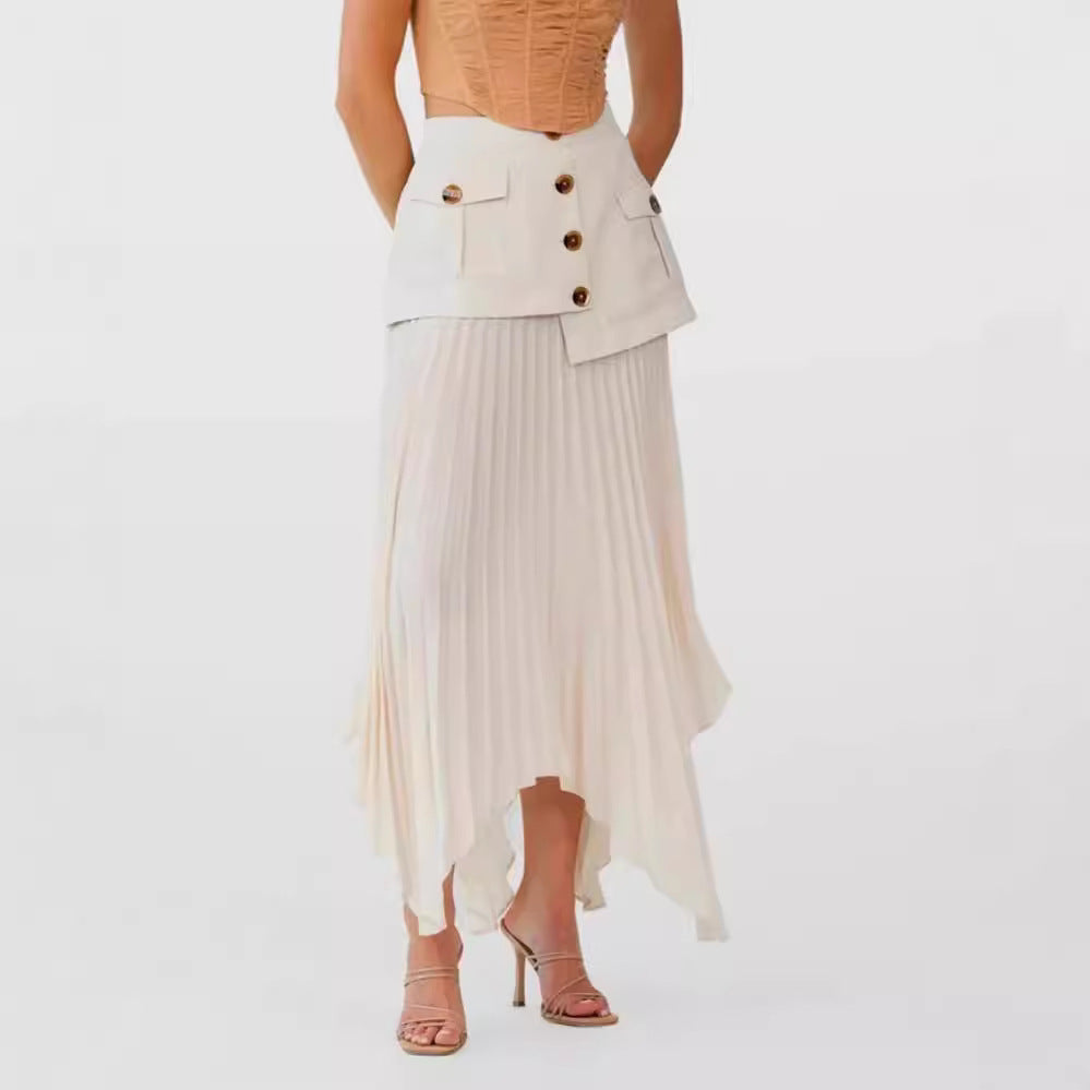 Gonna plissettata con tasche multiple e bottoni, cuciture irregolari in chiffon