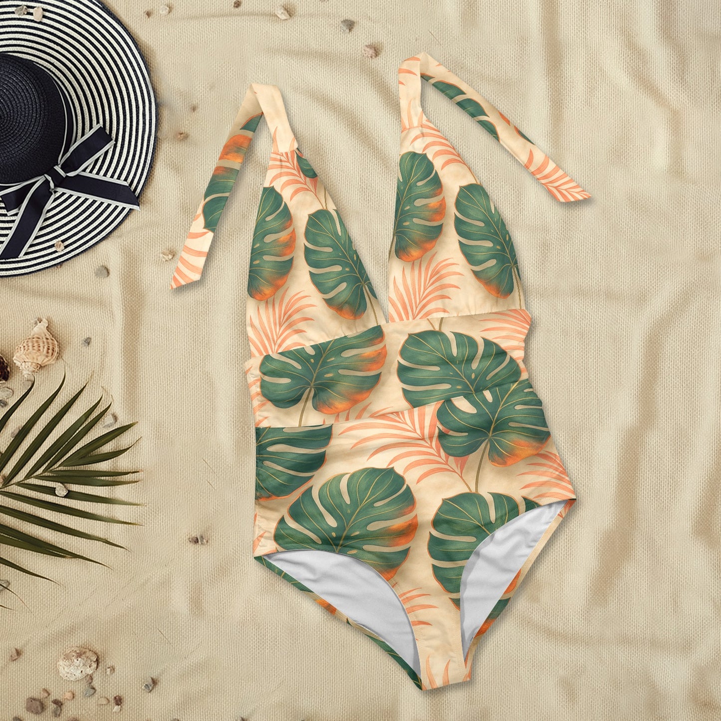 20250814_1634_Pattern Tropicale Elegante_simple_compose_01k2mfzvv9fawv9vjcd4vzavkb Women's Plunge Halter Backless Swimsuit (Model S51)