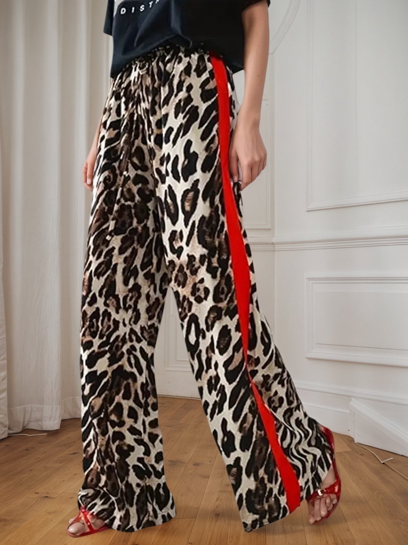 Pantaloni larghi con coulisse, stampa leopardata, gamba dritta